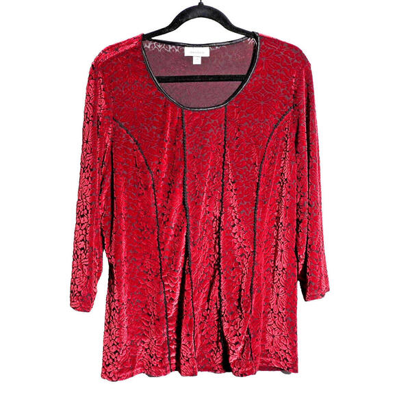 Red Black Burnout Velvet Whimsigoth Scoop Neck Long Sleeve Boho Top‎ 2X Floral - Picture 1 of 6